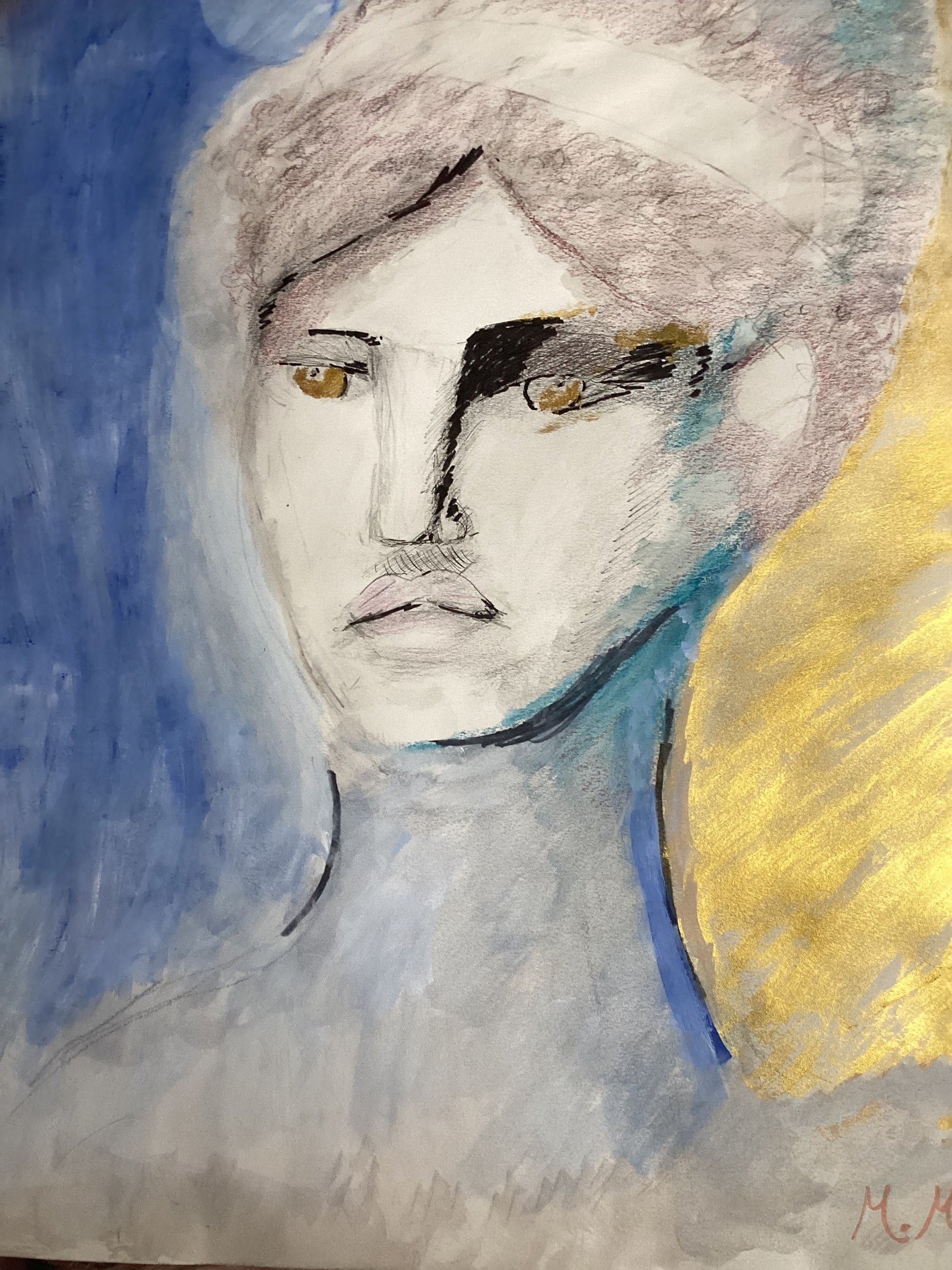 Abstract painting with a face-like figure in gray and yellow against a blue background